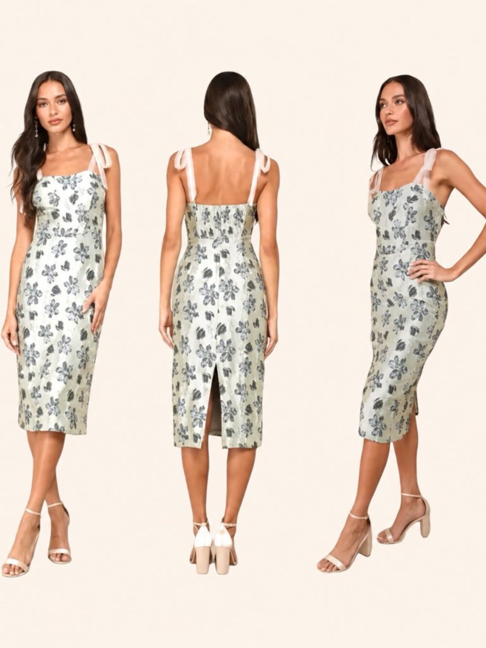 NWT Lulus Lovely Darling Sage Green Floral Jacquard Tie-Strap Midi Dress Large - Picture 2 of 8